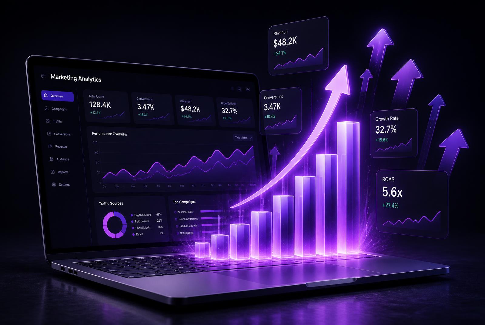 Notebook exibindo painel de marketing com gráficos de crescimento em alta
